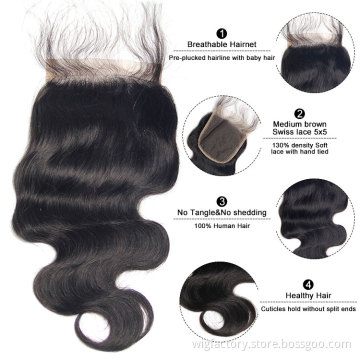 8-20" body wave baby hairline unprocessed 100 virgin brazilian 5x5 swiss lace closure